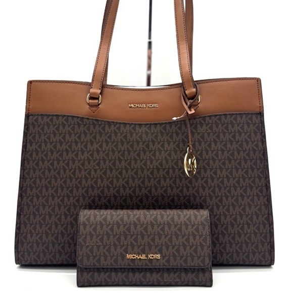 Michael Kors Jet Set Large Signature Logo Tote Bag & Trifold Wallet Matching Set - Picture 1 of 14